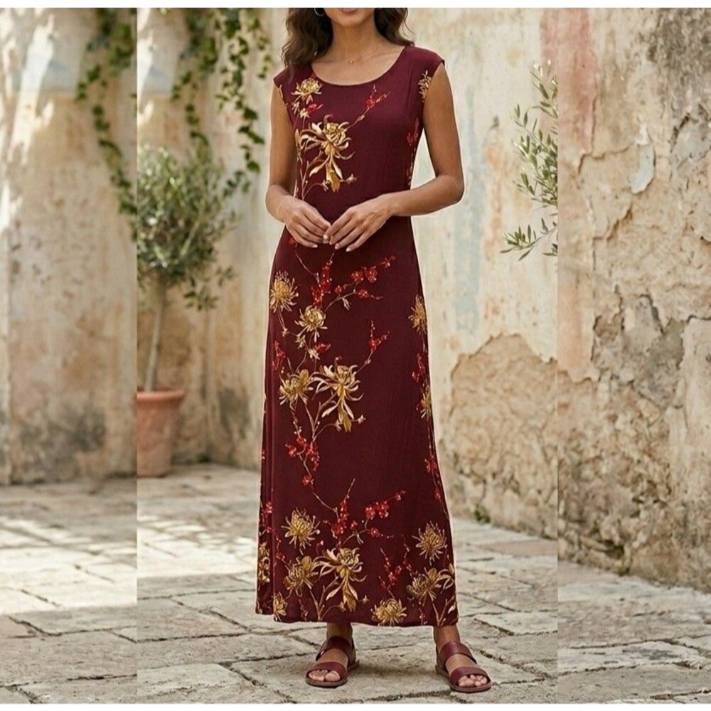 VTG 90s Chinoiserie Floral Maxi Dress Plus Size 18W Burgundy Rayon Made In USA
